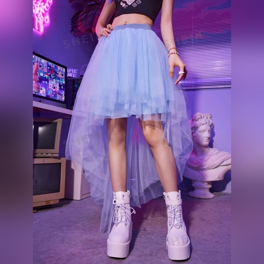 Kawaii Contrast Mesh Asymmetric Hem Skirt